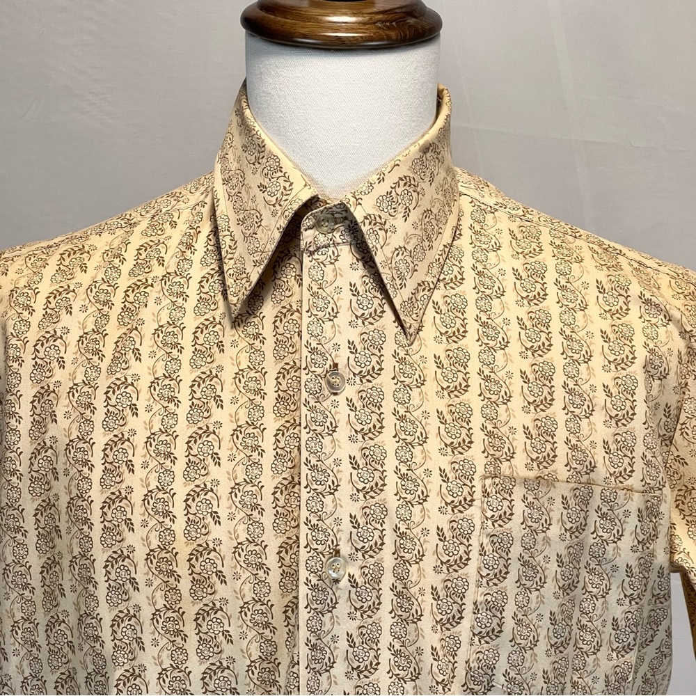 VINTAGE Montgomery Ward 70s men’s button down shirt short sleeve floral neutral - Picture 7 of 11